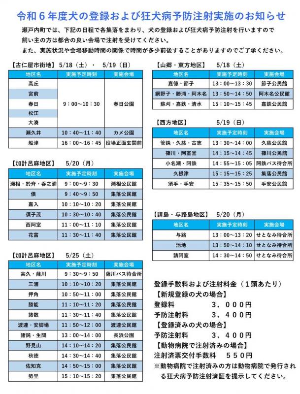 令和6年度犬の登録および狂犬病予防注射実施のお知らせ